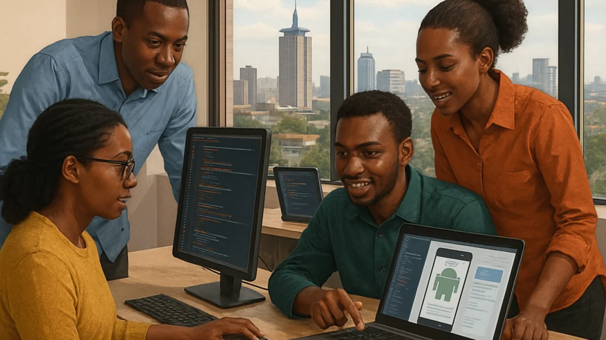 Nairobi software developers collaborating on Android app project in modern office