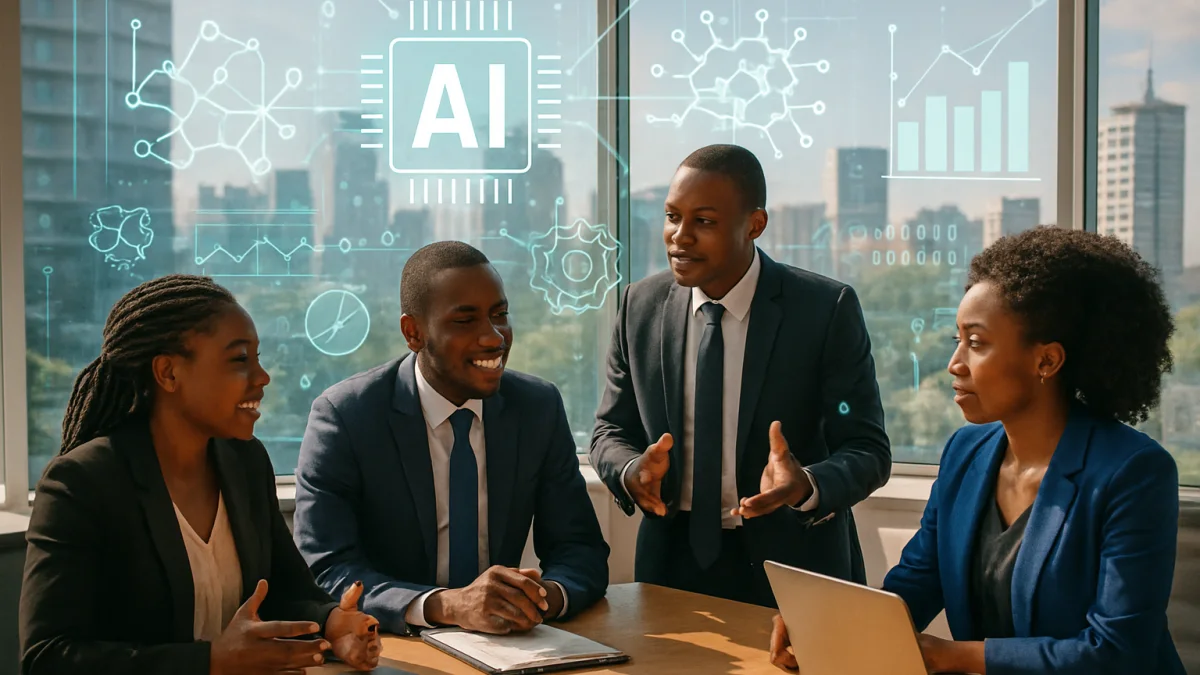 Kenyan business team planning AI automation strategy in modern office with digital AI icons overlay