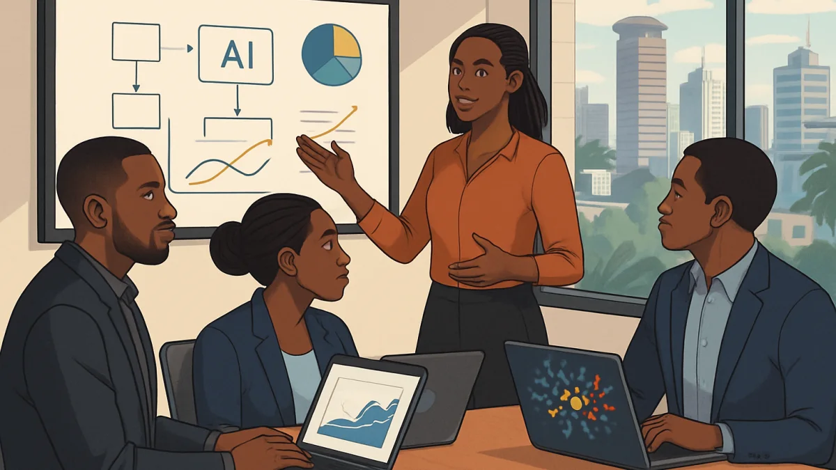 Nairobi office team collaborating on AI project workflows with data charts and laptops