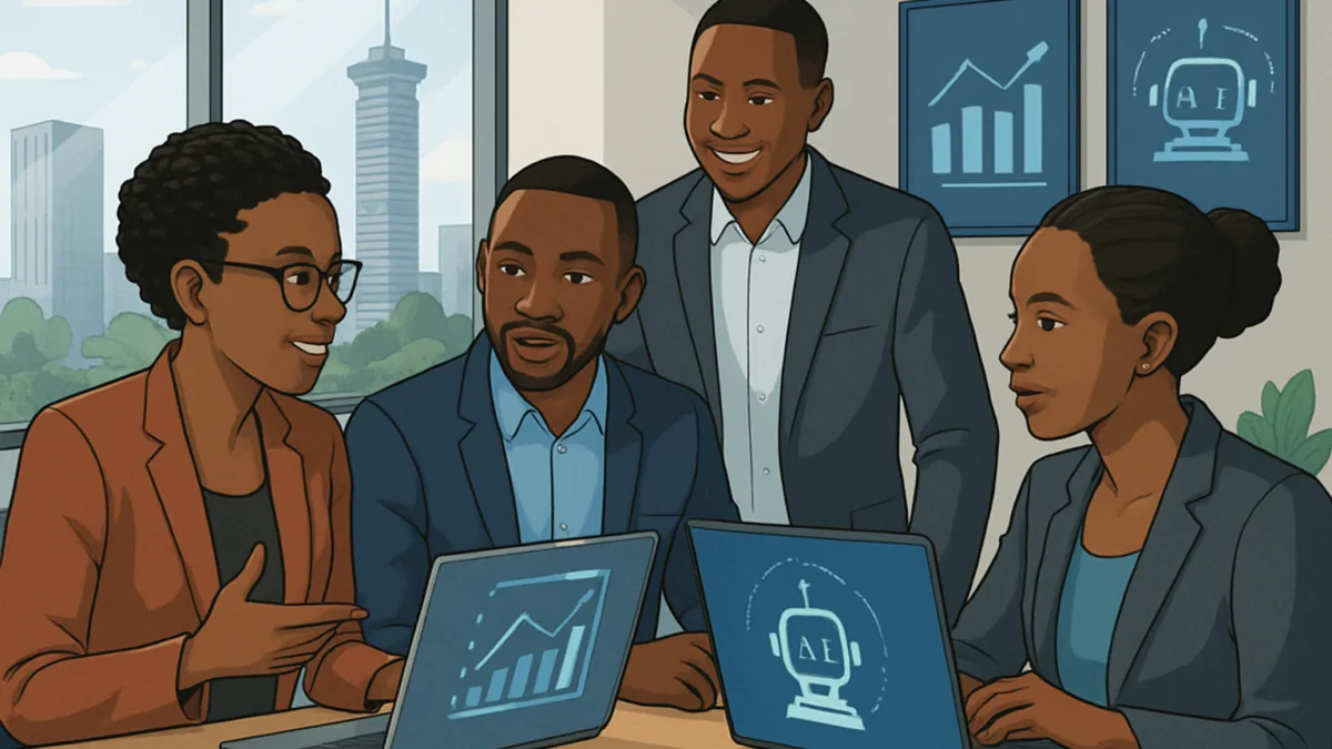 Kenyan business team reviewing AI copilot solutions in Nairobi office