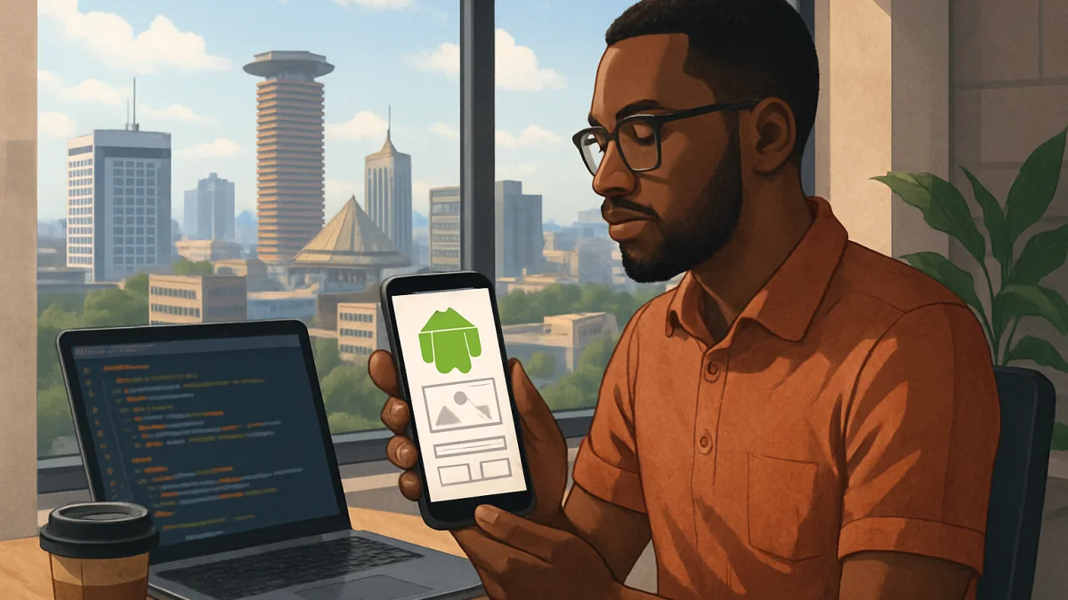 Android developer working on mobile app in Nairobi office with city view