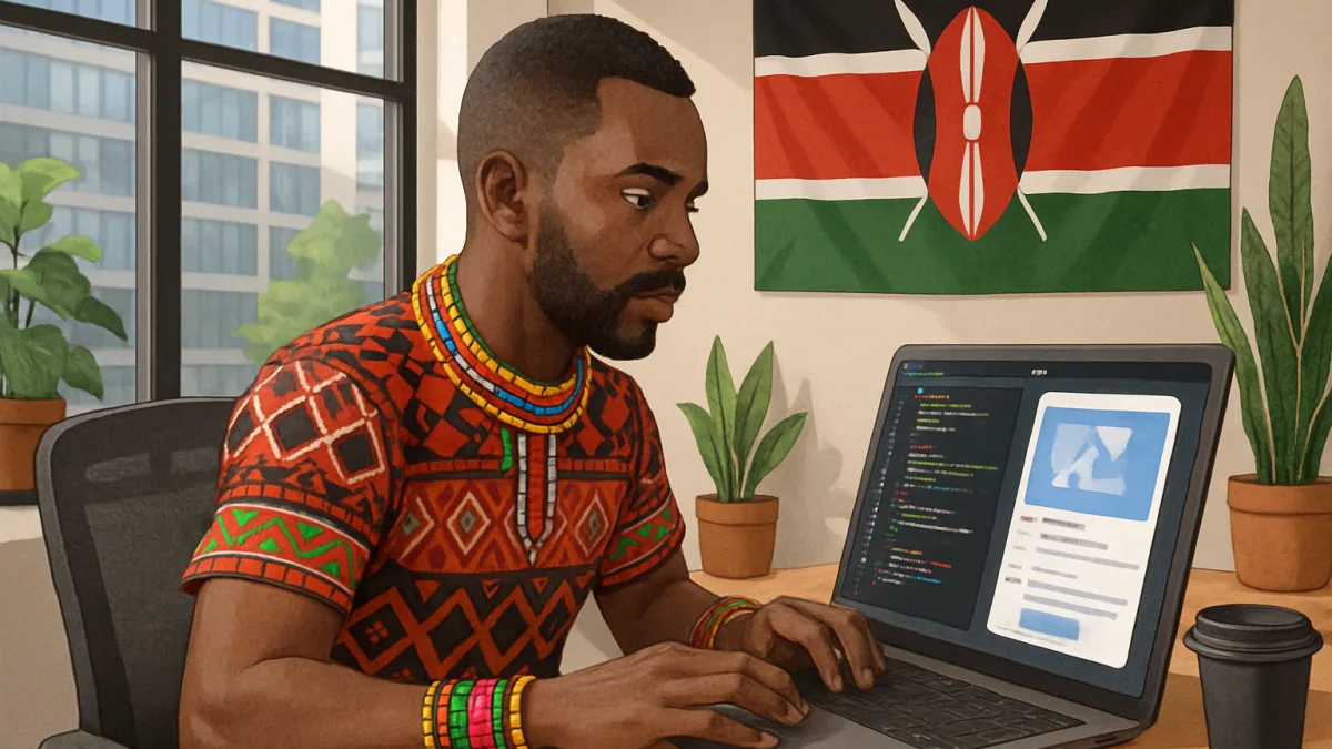Kenyan software developer coding a mobile app in Westlands Nairobi office