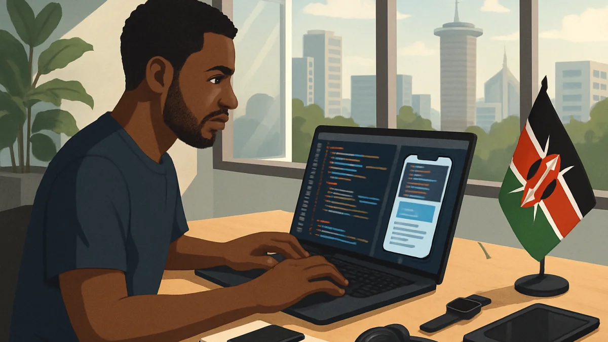 Kenyan app developer coding in Nairobi office with Kenyan flag and tech gadgets