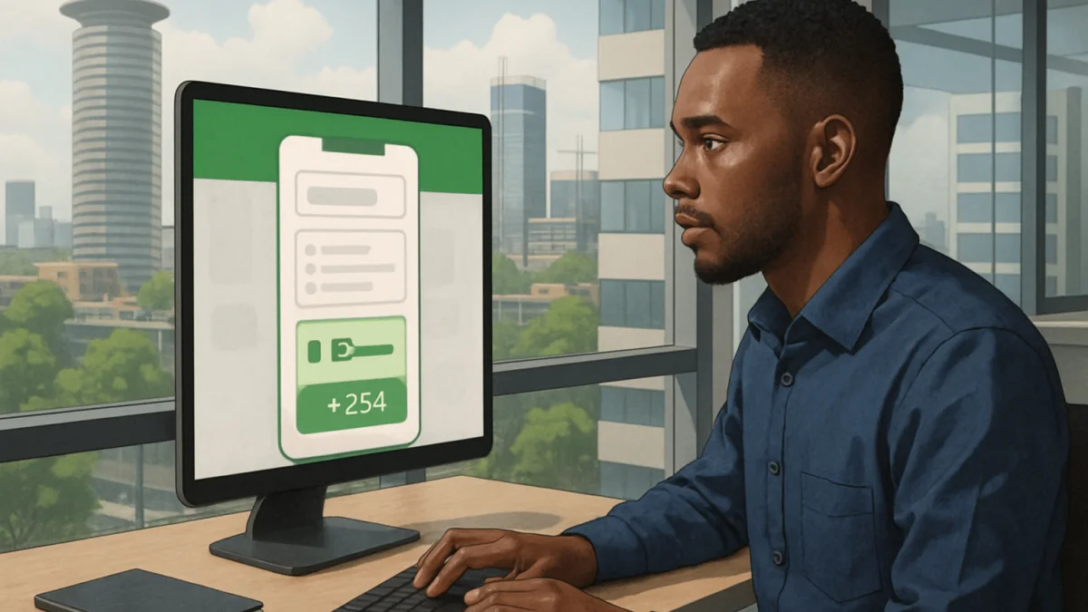 Kenyan app developer working on mobile app with M-Pesa integration in Nairobi office