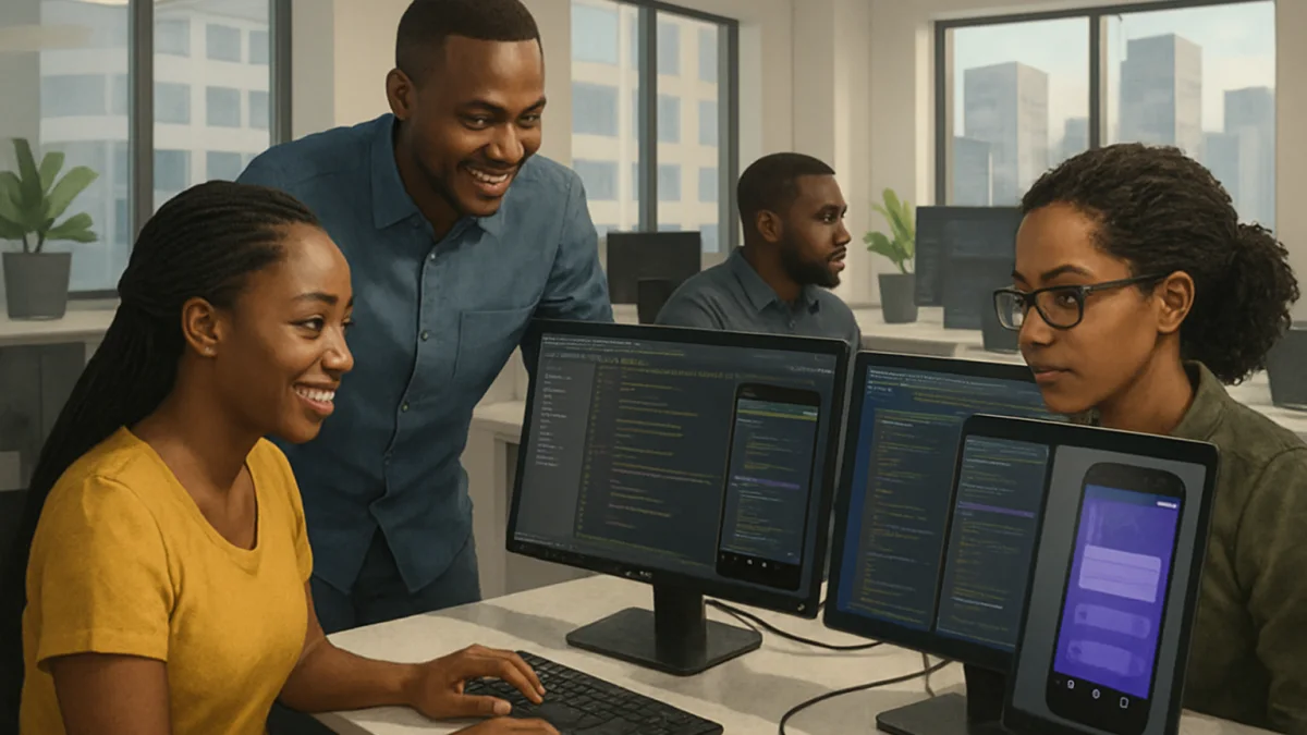 Kenyan Android app developers collaborating in Westlands office