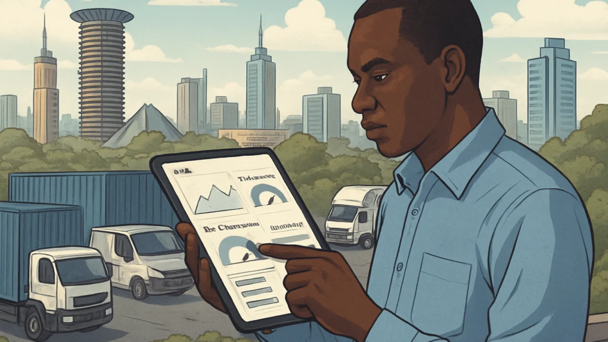 Kenyan logistics manager using custom ERP software on tablet with Nairobi city background