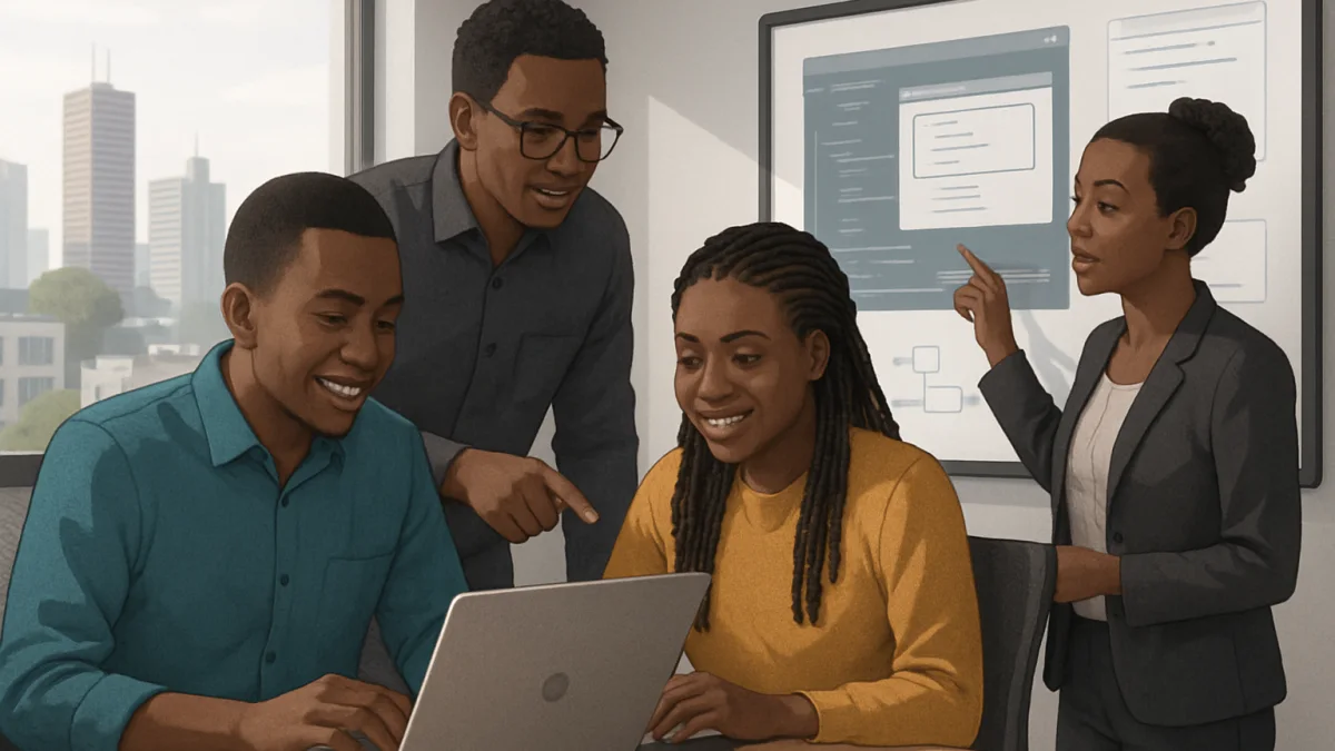 Kenyan software development team collaborating on custom software in Nairobi office