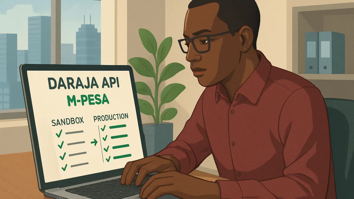 Kenyan software engineer integrating Daraja API with M-Pesa sandbox and production environments in Nairobi office