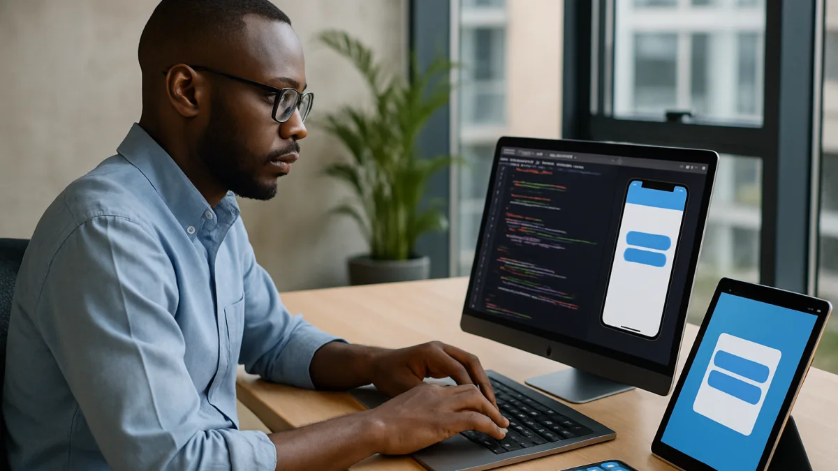 Kenyan iOS app developer coding in Westlands office