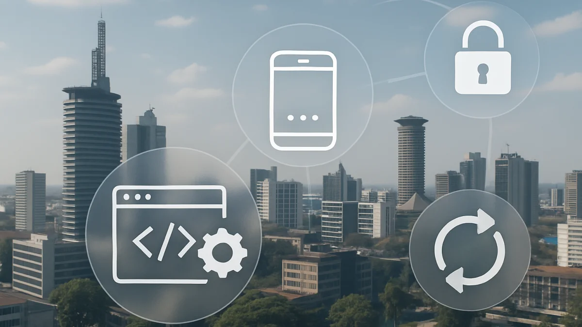 Nairobi city skyline with digital technology icons representing IT services and software development