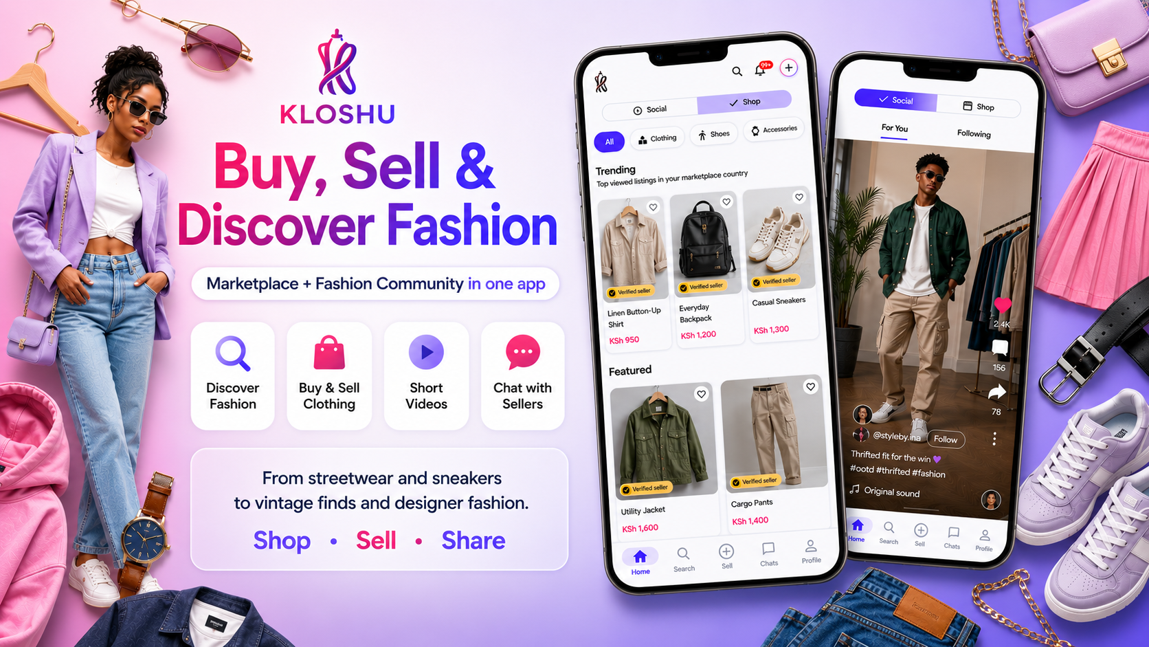 Kloshu app promo showing the buy, sell and discover fashion marketplace with trending listings and the short-video social feed