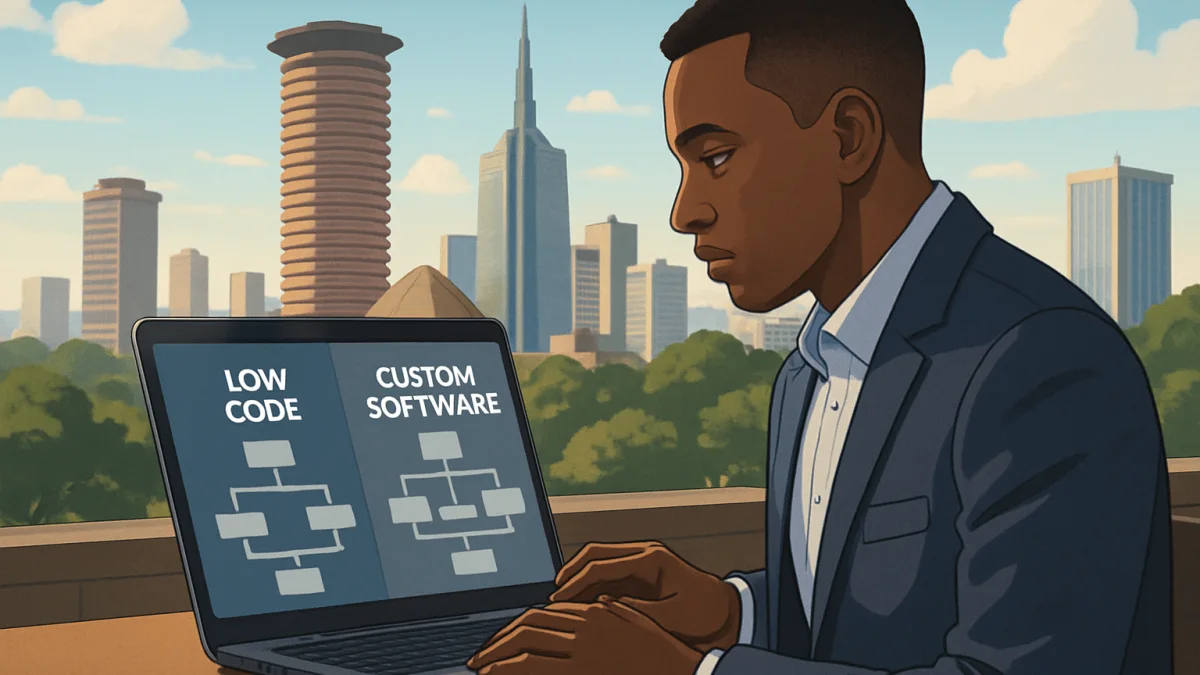 Kenyan entrepreneur evaluating software development options with Nairobi skyline