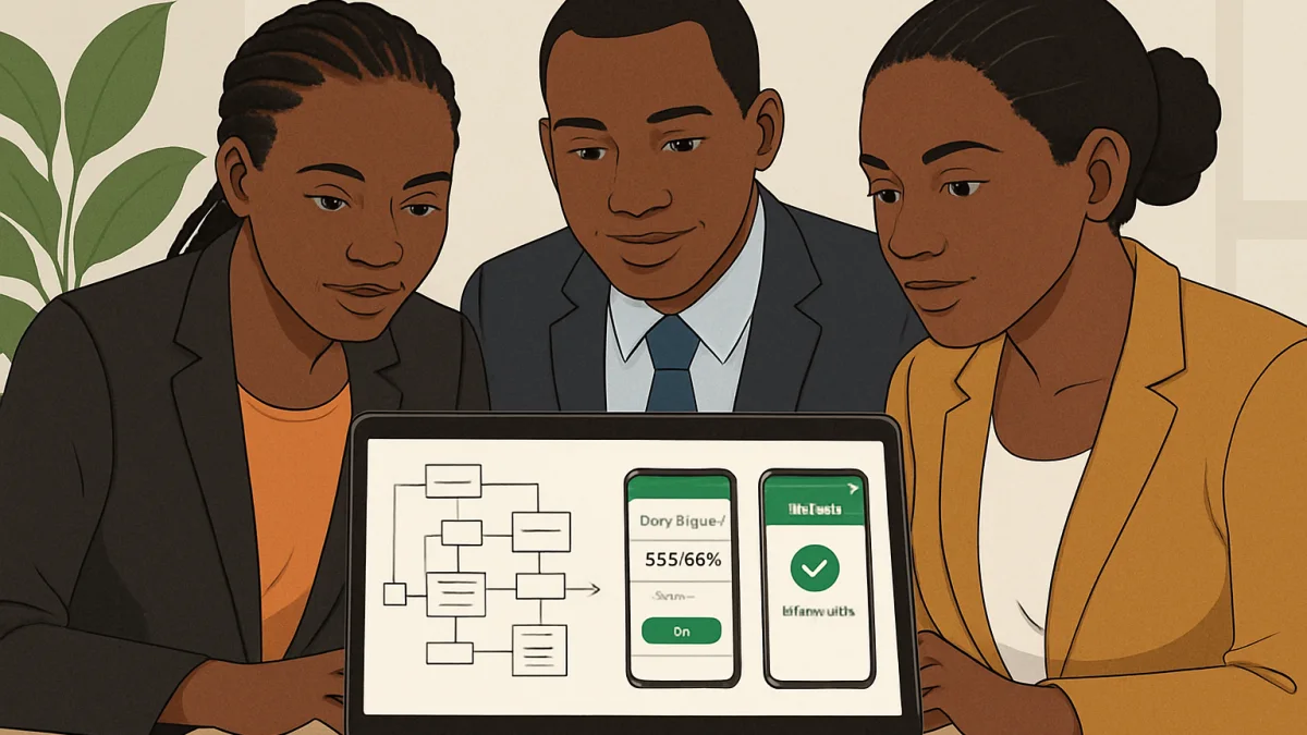 Kenyan business team reviewing M-Pesa payment integration architecture on laptop