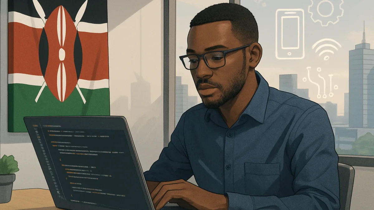 Kenyan software developer coding a mobile app in Westlands office, Nairobi