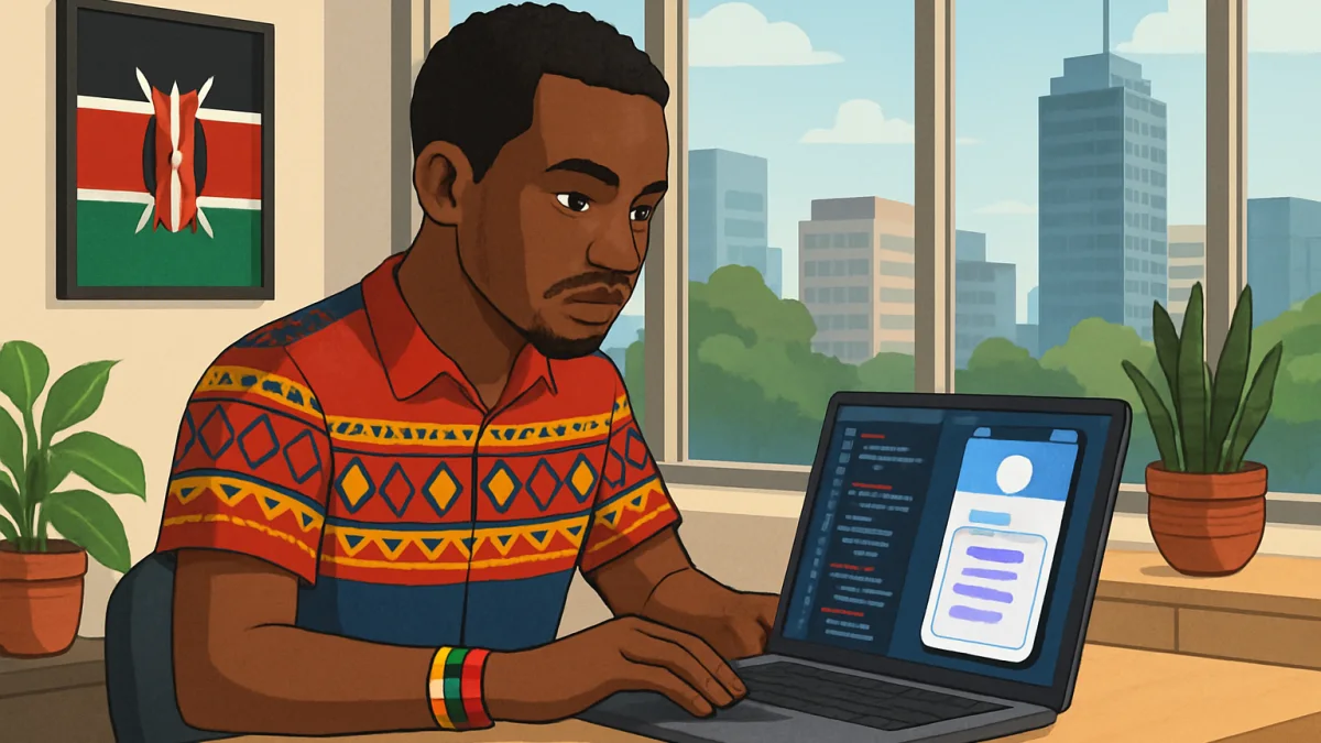 Kenyan mobile app developer coding in Westlands office