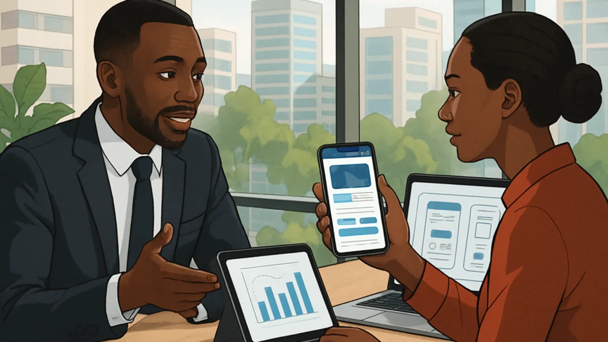 Kenyan business professional and developer discussing mobile app development in Westlands office