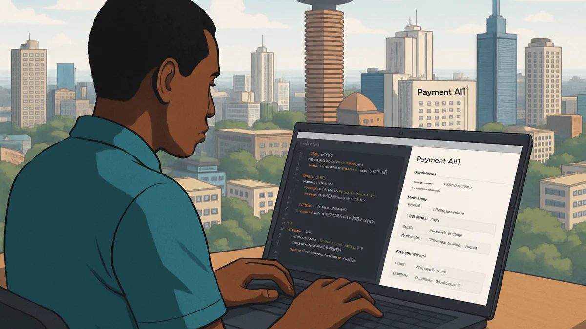 Kenyan developer coding Mpesa STK Push integration with Nairobi skyline