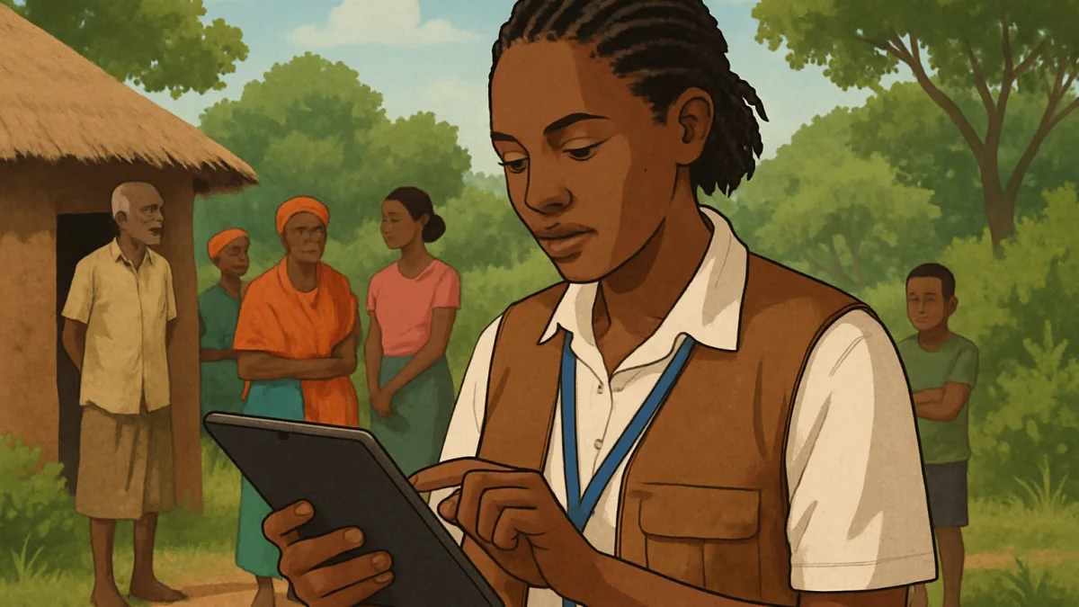 Kenyan NGO field officer collecting data on a tablet in a rural village