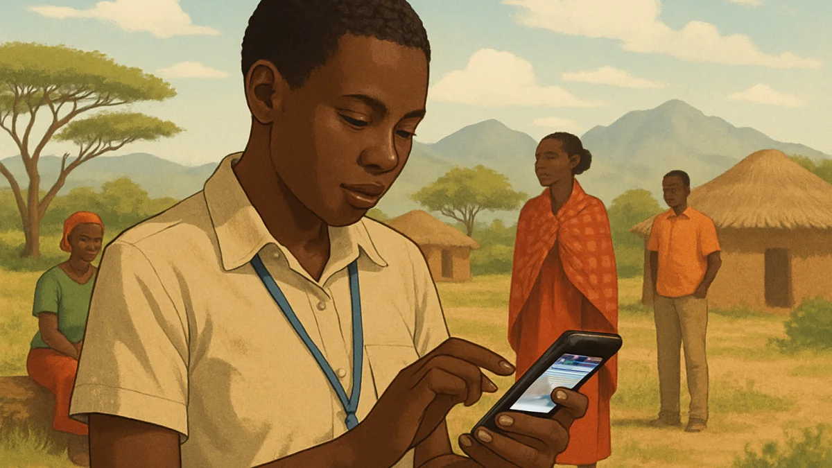 Kenyan NGO field officer collecting data offline using a mobile app in a rural area