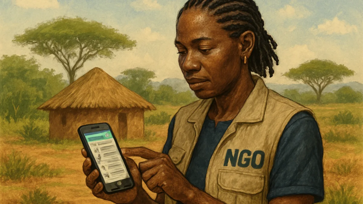 Kenyan NGO field officer using mobile app for offline data collection in rural Kenya