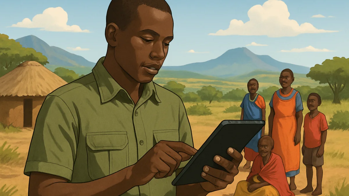 Kenyan NGO field officer using tablet for offline data collection in rural area