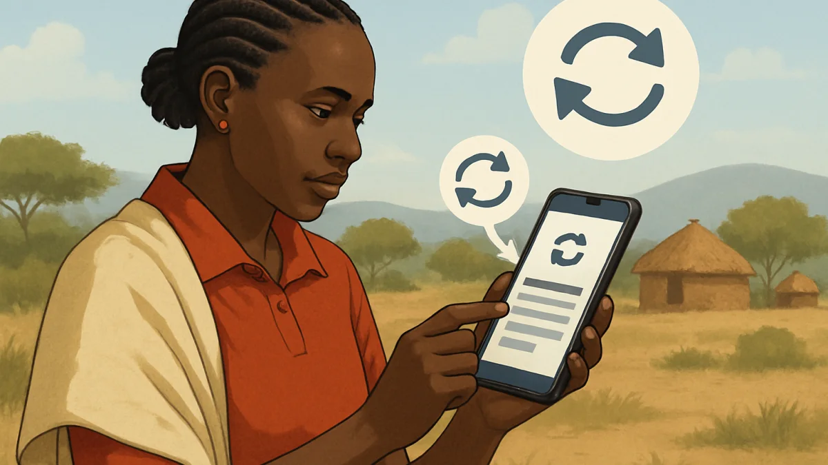 Kenyan NGO field officer collecting offline data on smartphone in rural area
