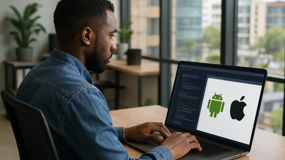 Kenyan developer coding mobile apps for Android and iOS in Westlands office