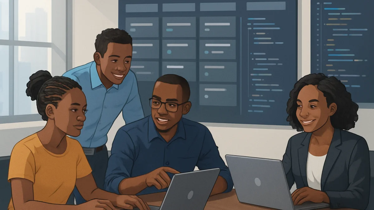 Kenyan software developers collaborating in an office environment