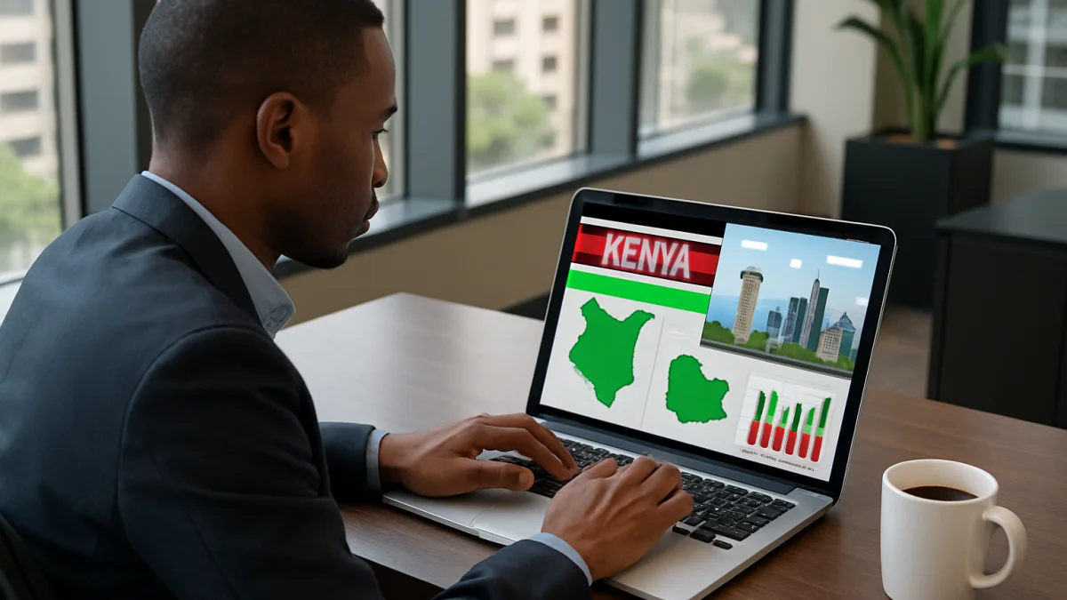 Web designer working on laptop in Nairobi CBD office with Kenyan business visuals
