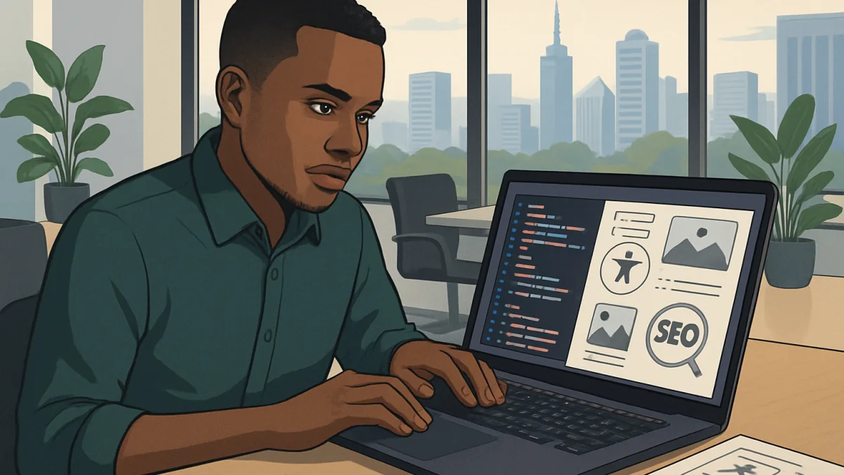 Kenyan web designer working on accessibility and SEO in Nairobi office