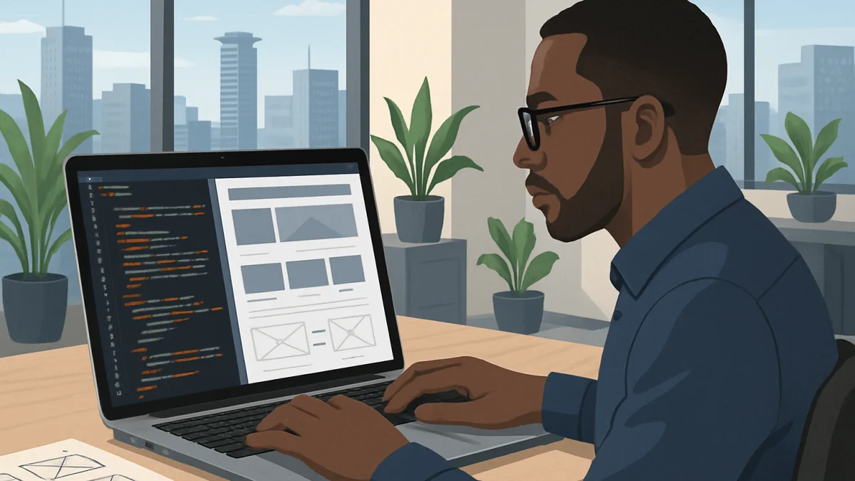 Kenyan web designer working on responsive website design in Nairobi office