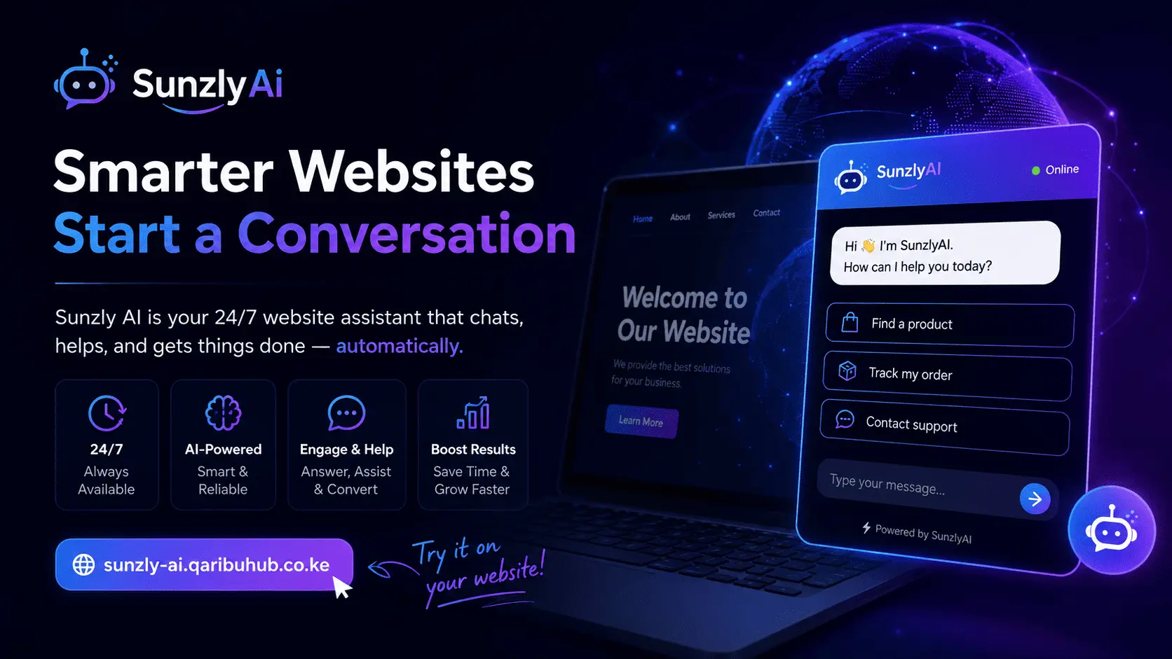 SunzlyAI website AI chatbot widget showing quick actions like Find a product, Track my order and Contact support