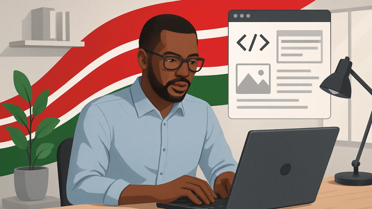 Kenyan web developer working on website design in Nairobi office