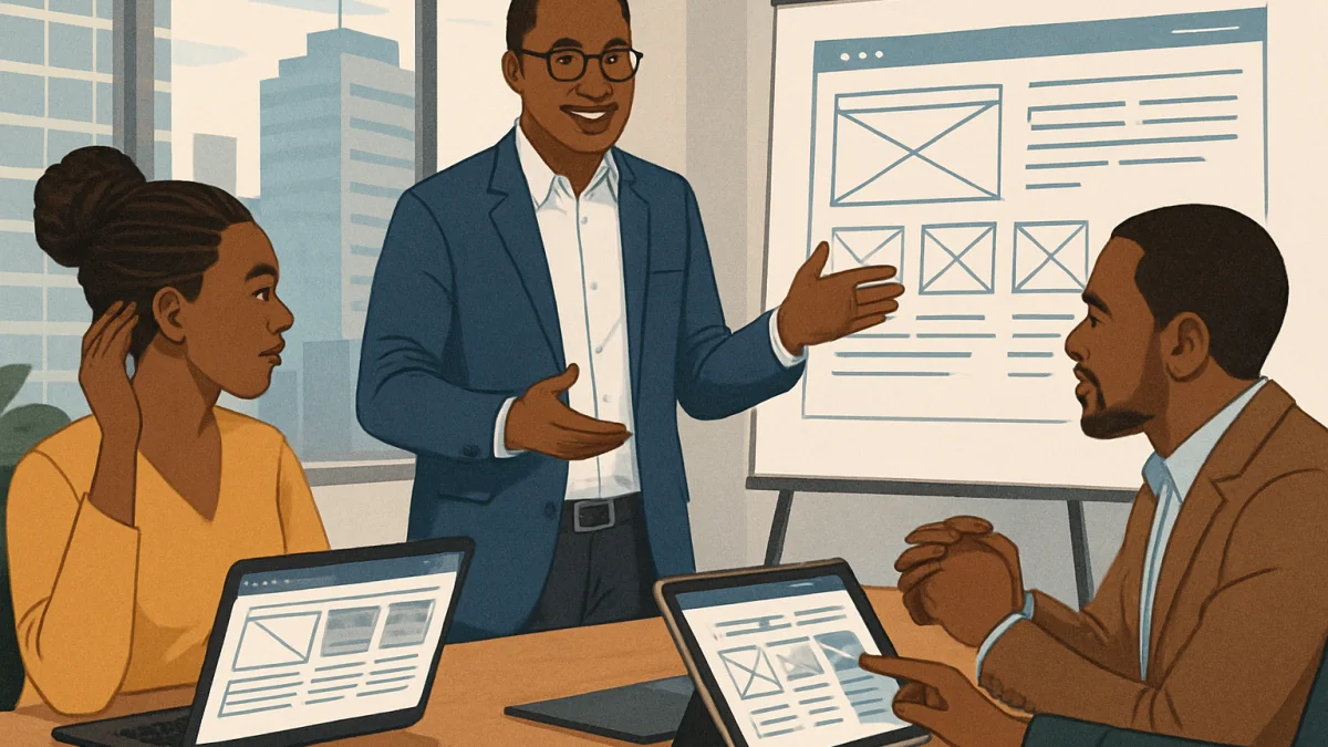 Web design discovery workshop with Kenyan businesspeople in Nairobi CBD office