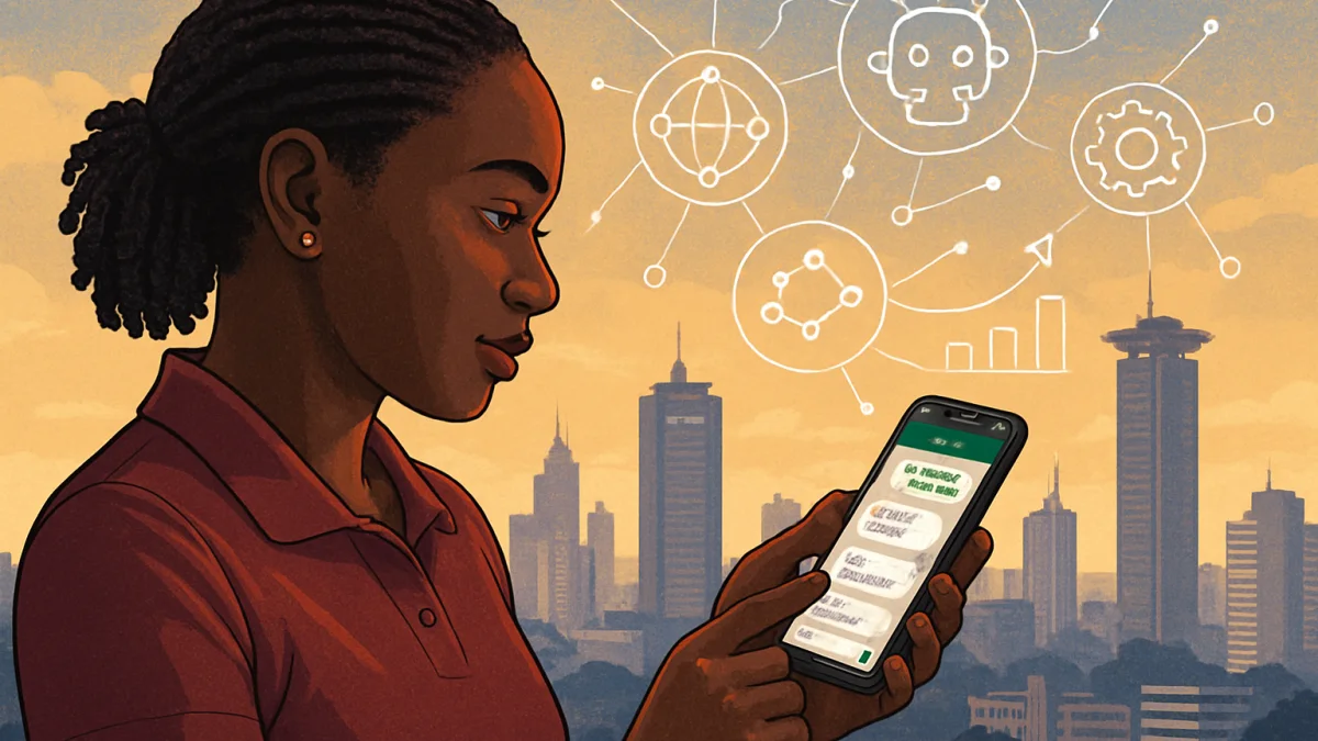 Kenyan SACCO member using WhatsApp chatbot on smartphone for balance and FAQs