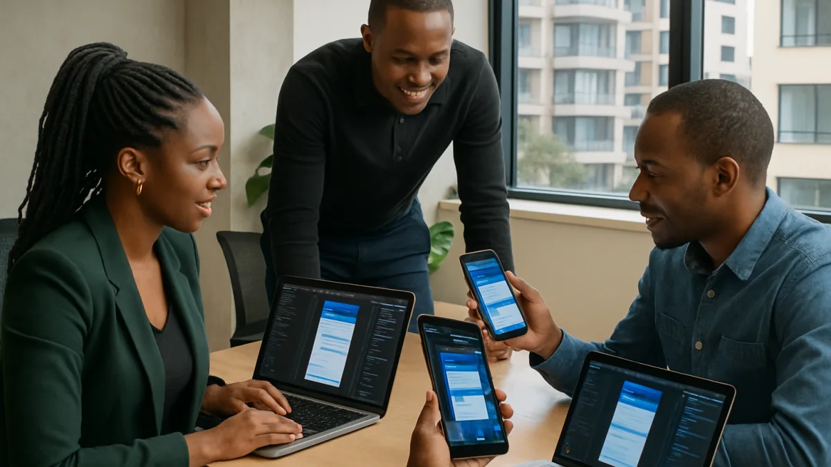 Kenyan app developers collaborating in Westlands office with laptops and mobile devices