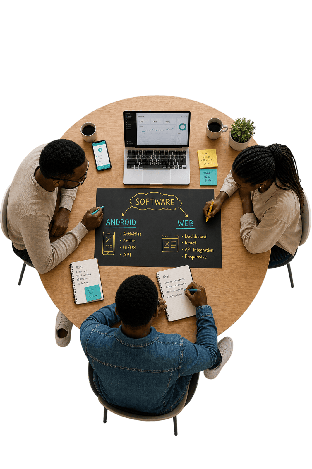 Qaribuhub developers collaborating on Android, web and software — gold chalk and teal notes, with phone and laptop