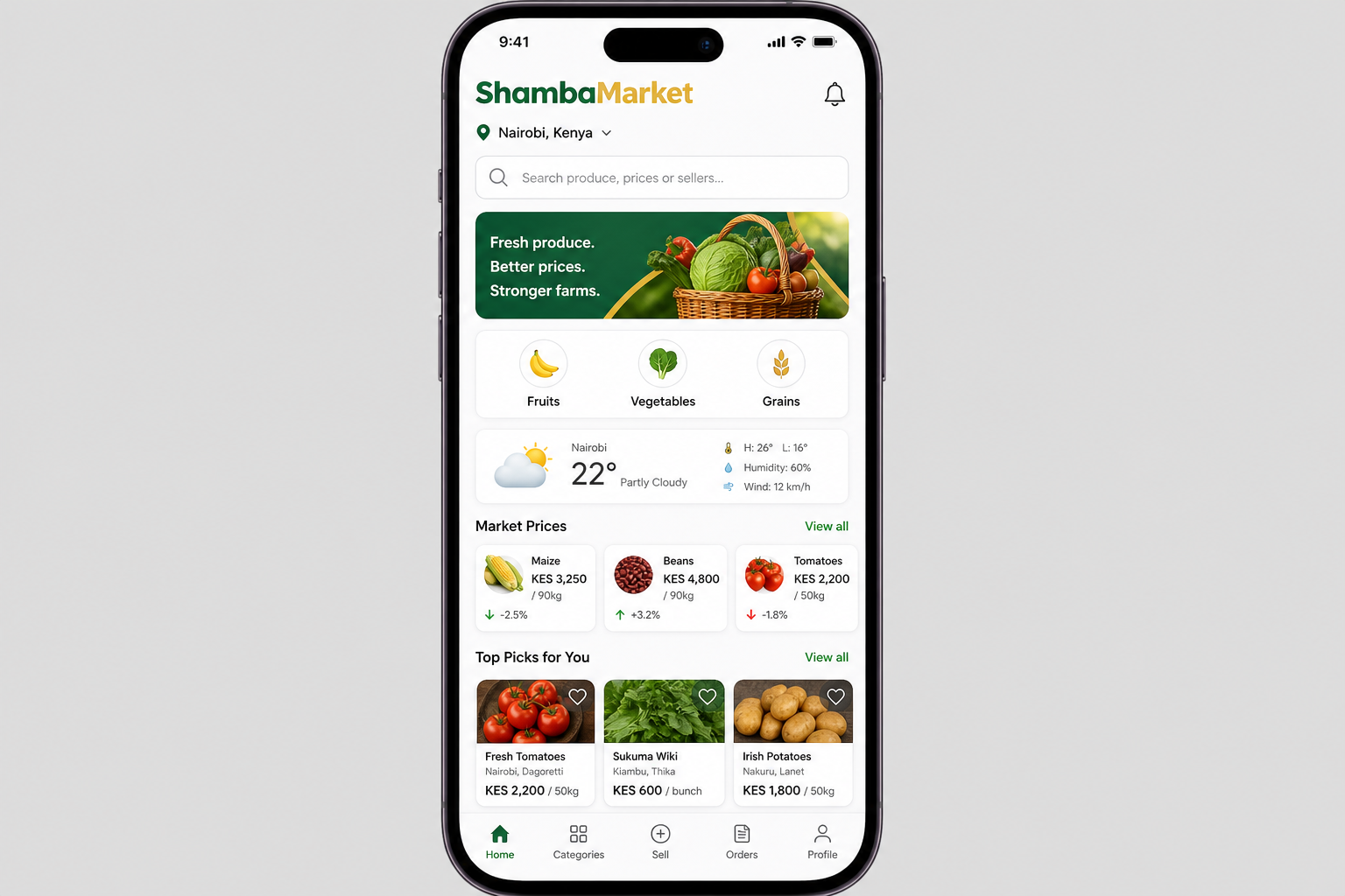 ShambaMarket Agri — mobile app UI by Qaribuhub