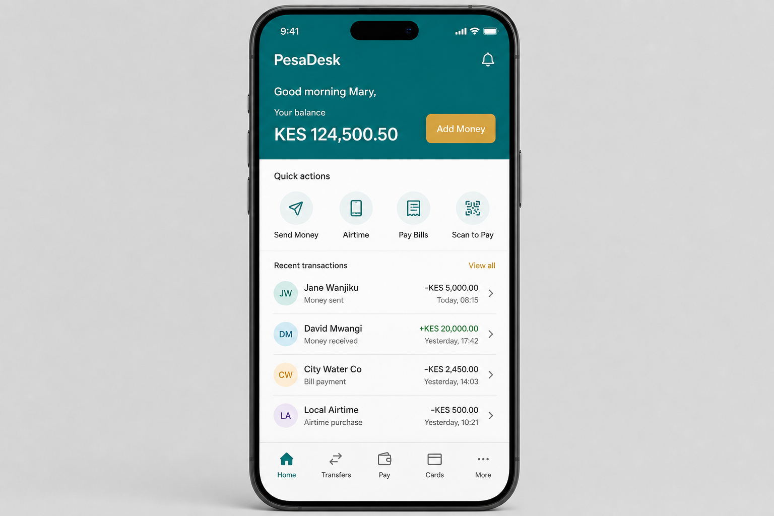 PesaDesk Mobile Banking — mobile app UI by Qaribuhub