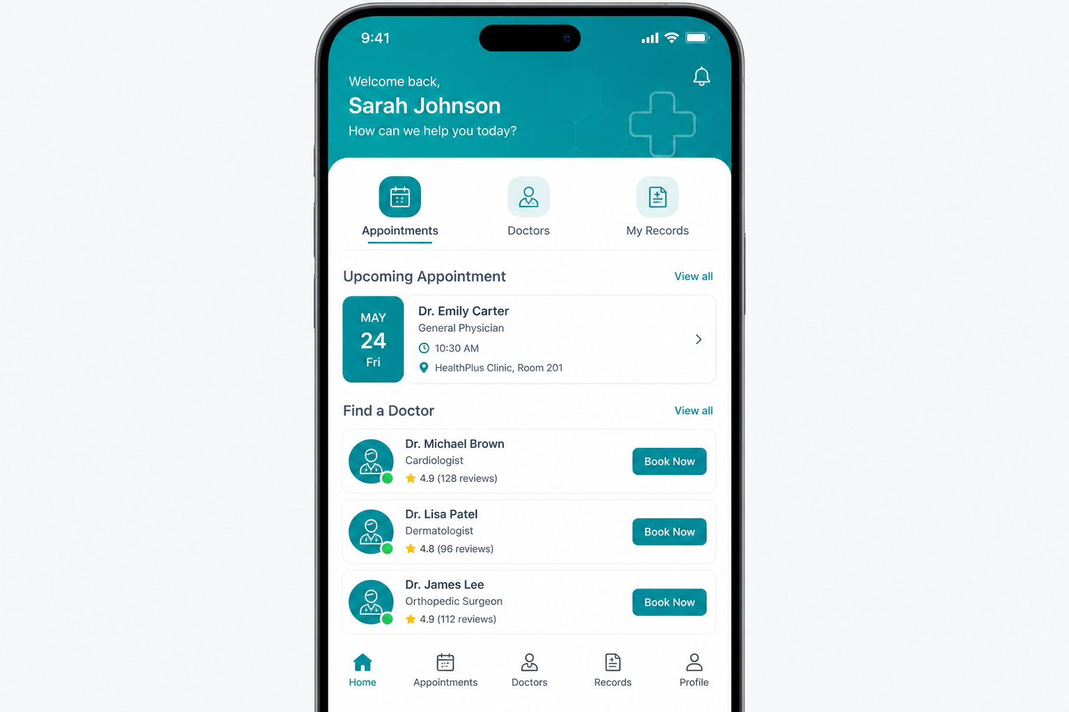 CareSlot Clinic App — mobile app UI by Qaribuhub