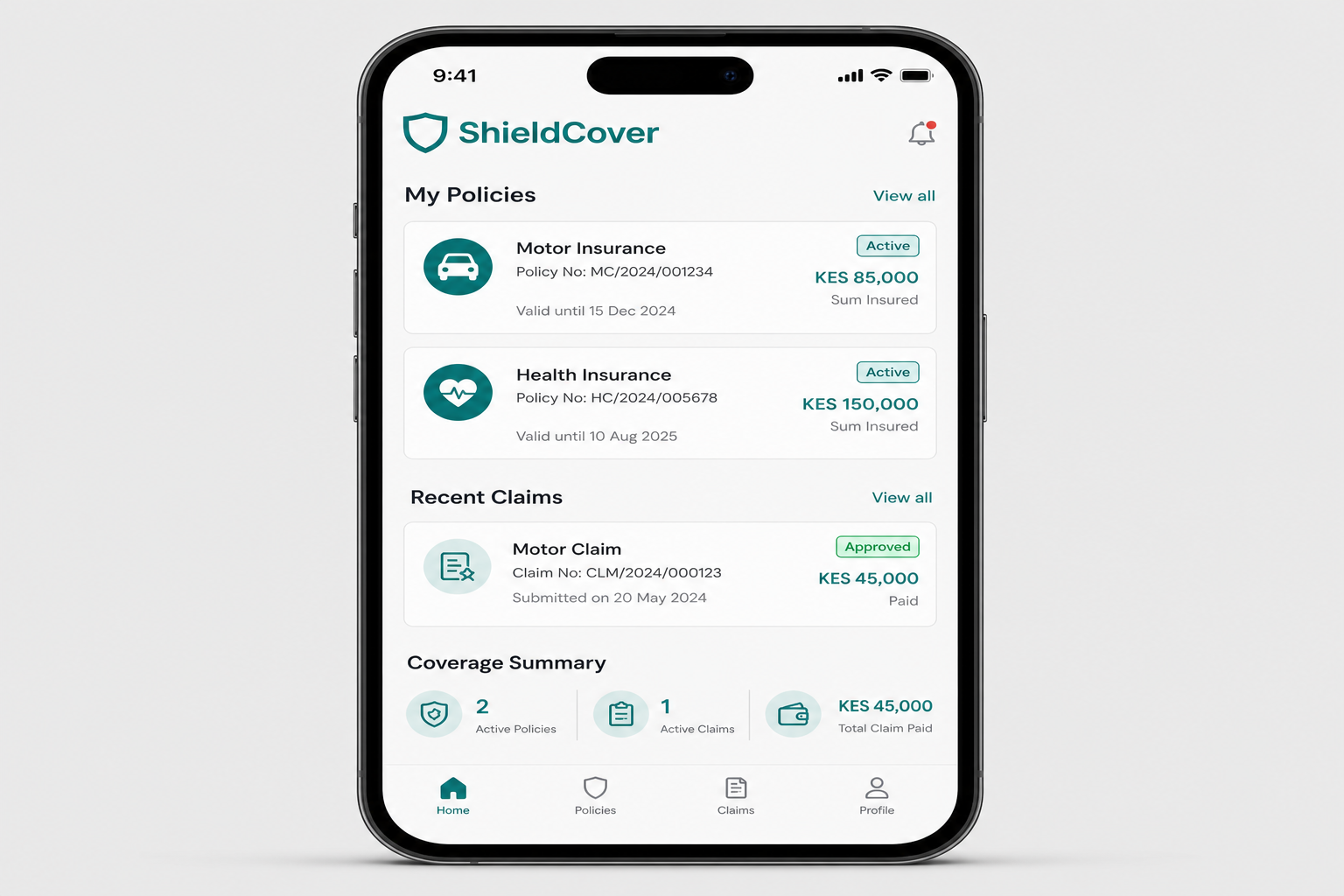 ShieldCover Policy App — mobile app UI by Qaribuhub