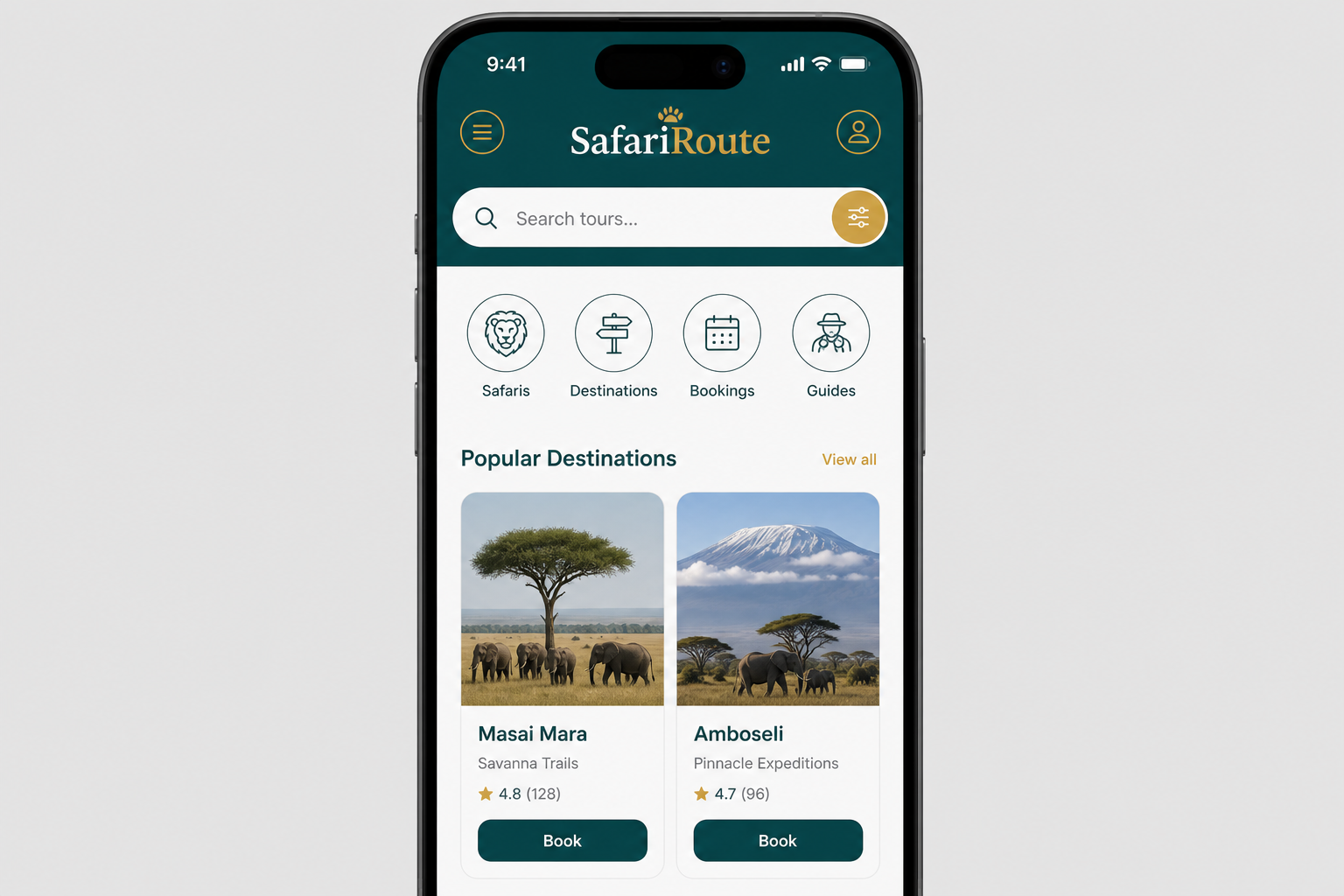 SafariRoute Tours App — mobile app UI by Qaribuhub